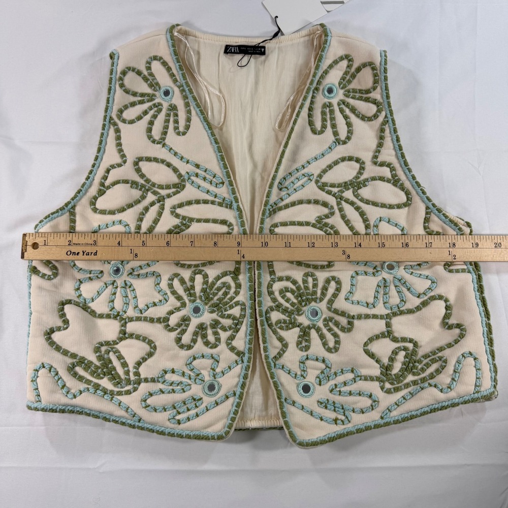 Zara Ecru Women Embroidered Floral Mirror Vest Cream Green Blue Cotton NWT Large - Picture 5 of 12